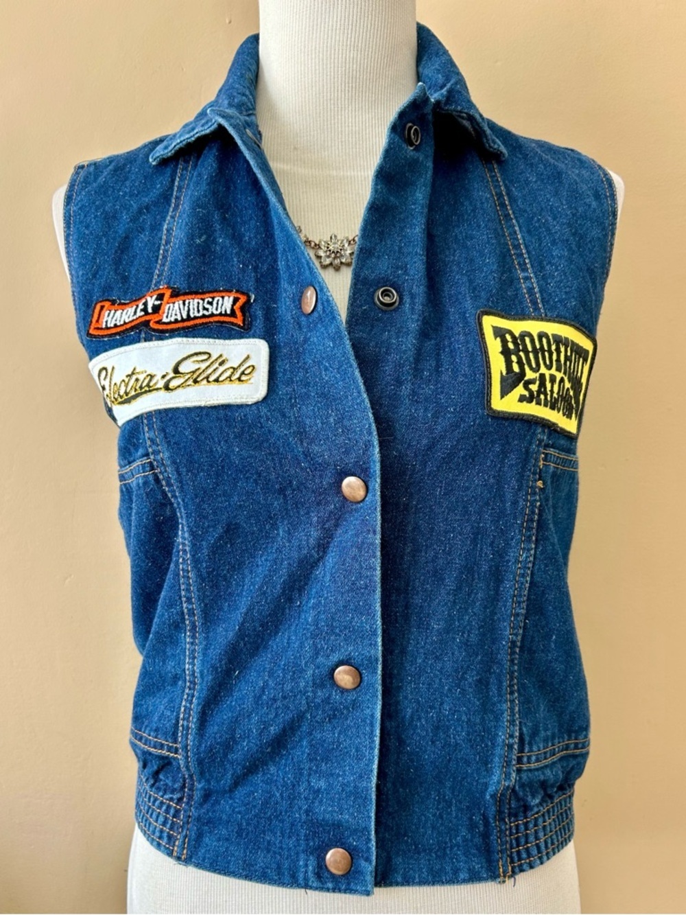 Vintage 90s Harley Davidson Denim Vest Boot Hill Saloon Electra Glide Eagle S - Picture 3 of 14